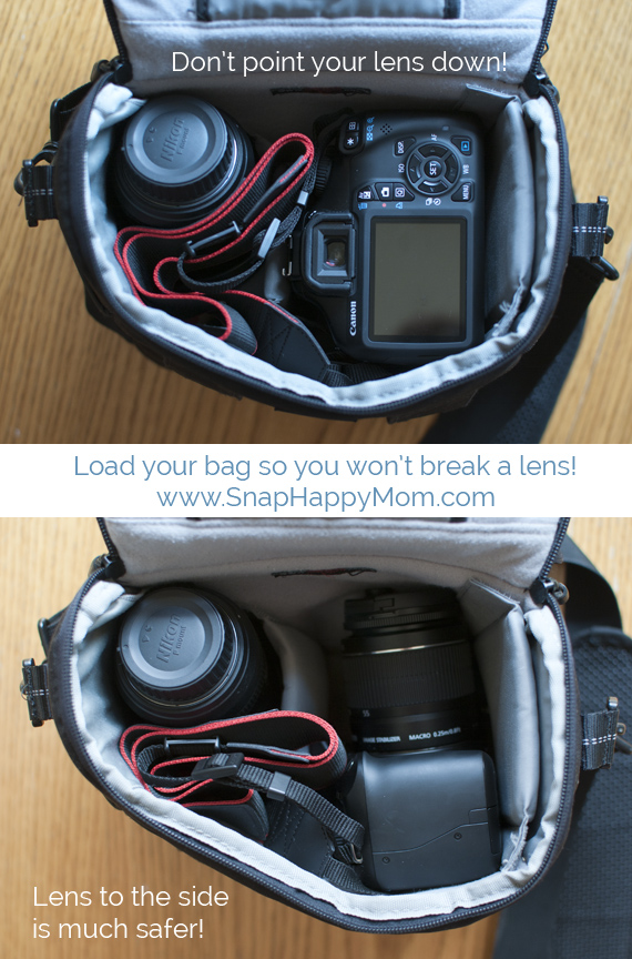 How To Put Your DSLR In A Camera Bag Safely - www.SnapHappyMom.com