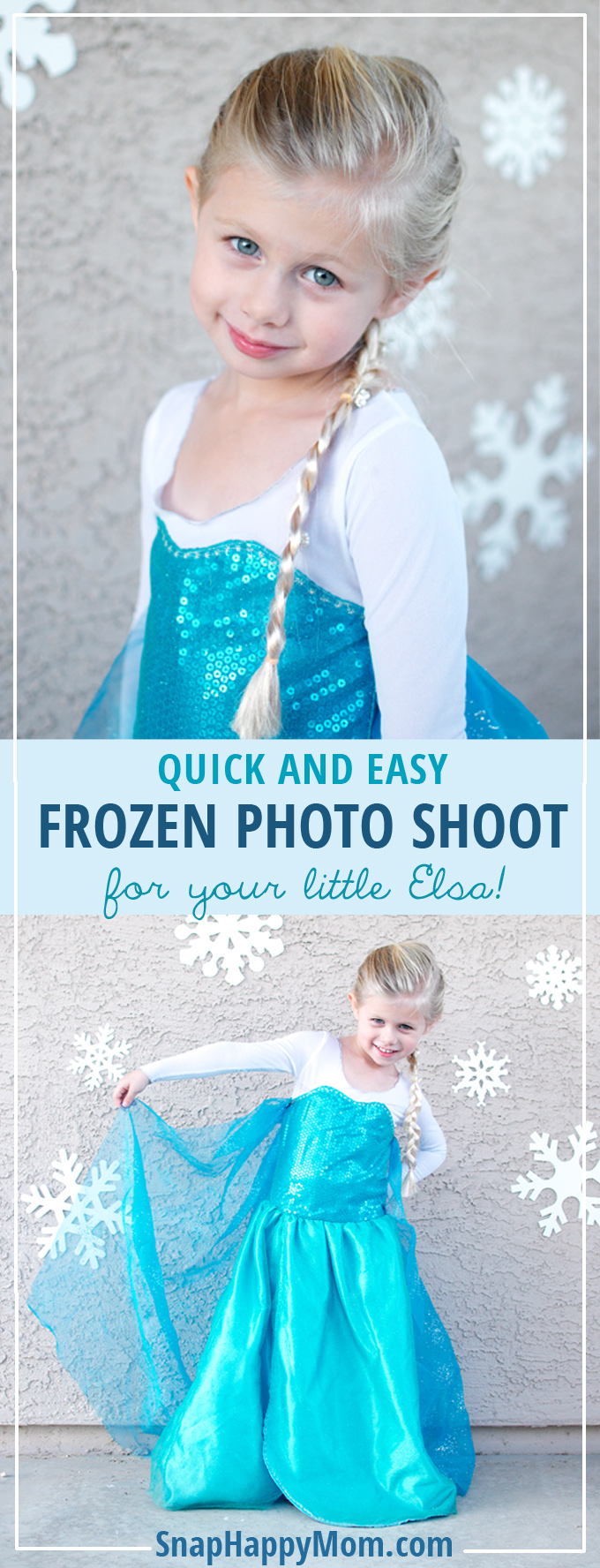 Quick and Easy Frozen Photo Shoot - Here's how you can painlessly create a Frozen-inspired area in less than ten minutes to take some pictures of a little Elsa. It's quick, easy, and cheap...but it adds just the right amount of special to that photo! - from SnapHappyMom.com