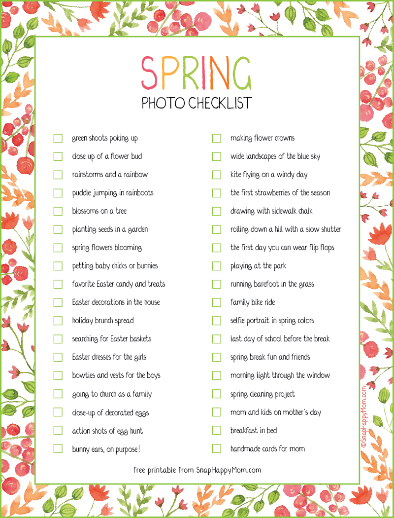 Spring Photo Checklist - free printable from SnapHappyMom.com