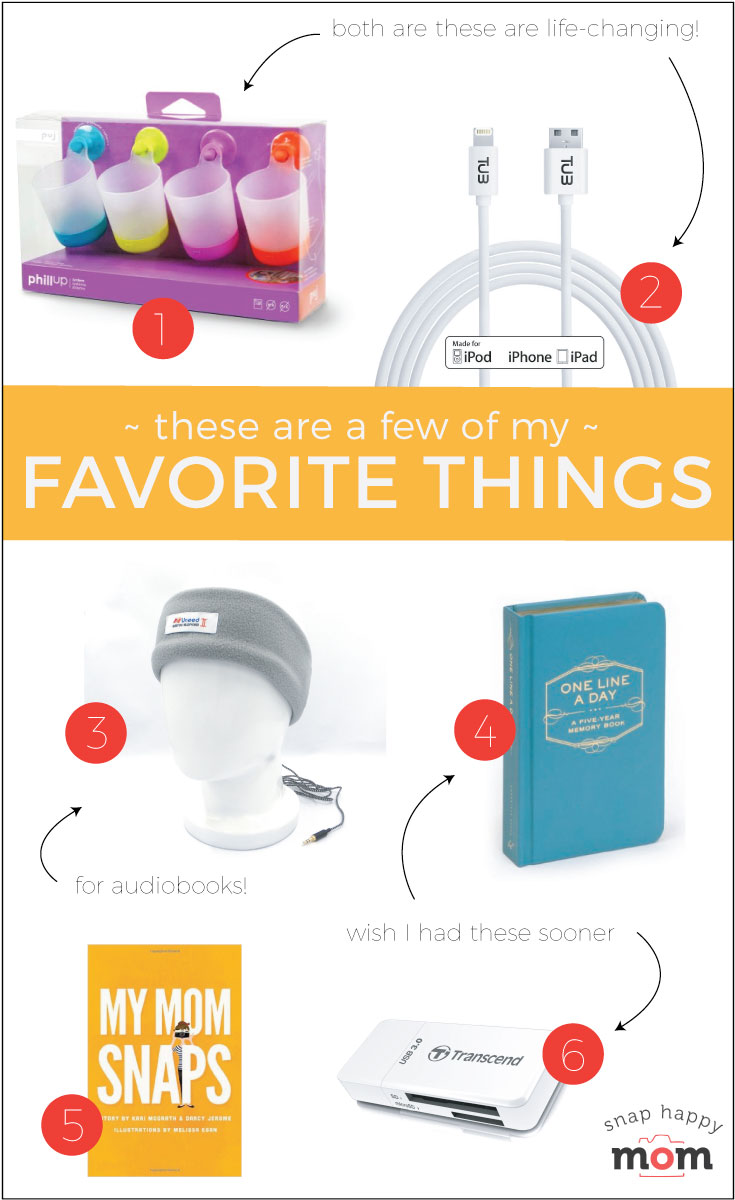 These are a few of my favorite things - hangable cups, super long iPhone cords, and journaling for busy moms. - SnapHappyMom.com