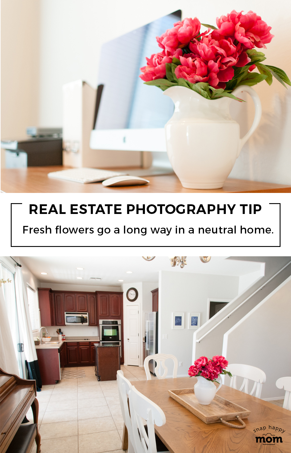 Real Estate Photography: Fresh flowers go a long way in a neutral home.