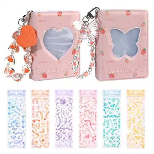 NEWEST 2 Sets 3 Inch Mini Photo Albums Love Heart&Butterfly Hollow Window Kpop Photocard Binder Protective Sleeves with Cute Pendant&DIY Stickers for Collecting Picture/Stamps/Cards,40 Pockets...