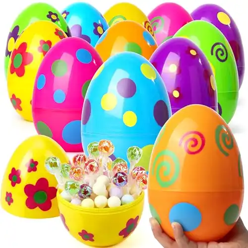 JOYIN 12 Pieces Jumbo Easter Eggs, 6Inches Printed Giant Easter Eggs Fillable for Easter Eggs Hunt, Easter Basket Stuffers/Fillers