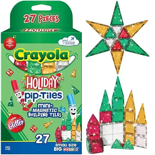 CreateOn Crayola Holiday Glitter Mini PIP Magnetic Tiles, Magnetic Kids’ Building Toys, STEM Learning Travel Toys for Boys and Girls, 27-Piece Set